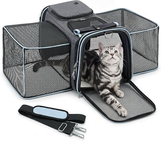 Expandable Cat Carrier for Cats and Small Dogs, Airline Approved Under-Seat with Double-Side Extension, Durable 600D Fabric Internal Frame, Ventilated with Safety Leash, Blue