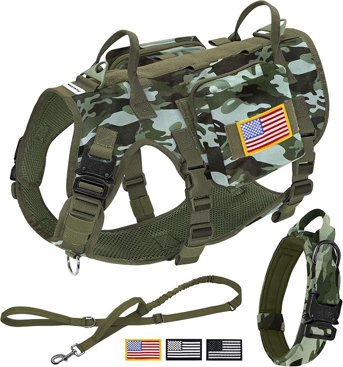 Forestpaw Tactical Dog Harness Collar Bungee Leash Set,L,Camo Green | Adjustable Fits 27-40" Chest,70-140 lbs,No Pull Control Military,Quick Release Buckle,Walking Training for Medium Large Dogs