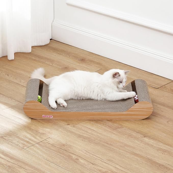 Rini 23.75" Modern Corrugated Cardboard Lounge Bed with Built-in Bell Toys and Catnip, Ergonomic Curved Sofa Scratcher for Indoor Cats, Oak Wood Finish, (Set of 2) CSR1003C-SET2