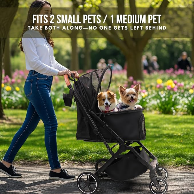 Bicystar Foldable Dog Stroller for Small Medium Dogs & Cats, 45 lbs, Black | For senior & injured pets, Travel-friendly, All-terrain 4 wheels, Aluminum frame, 42" handle for tall users, Two tethers