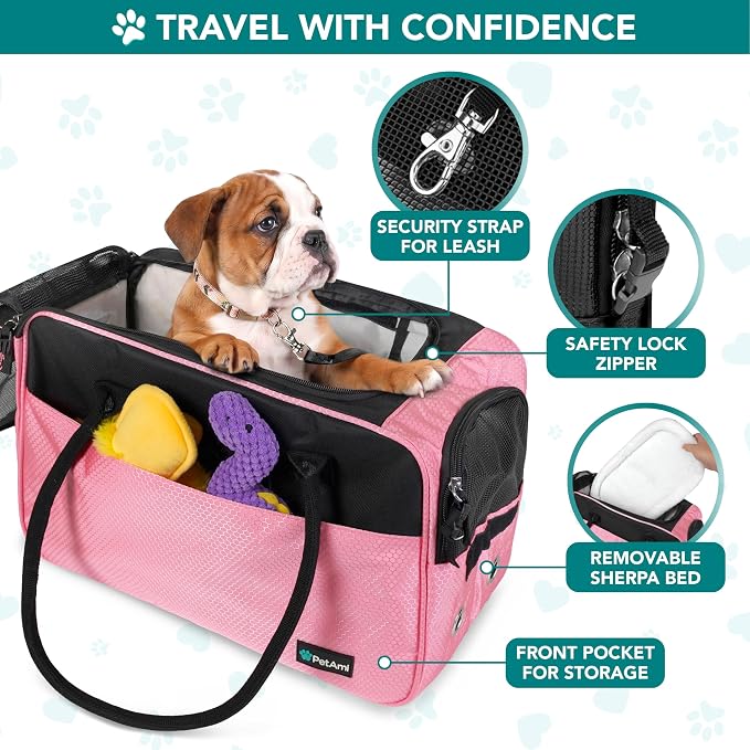 PetAmi Dog Purse Carrier for Small Dogs Cats, TSA Airline Approved Soft-Sided Pet Carrier with Pockets, Ventilated Travel Tote Bag with Bed & Shoulder Strap, Puppy Kitten, Max 12 lbs, Pink