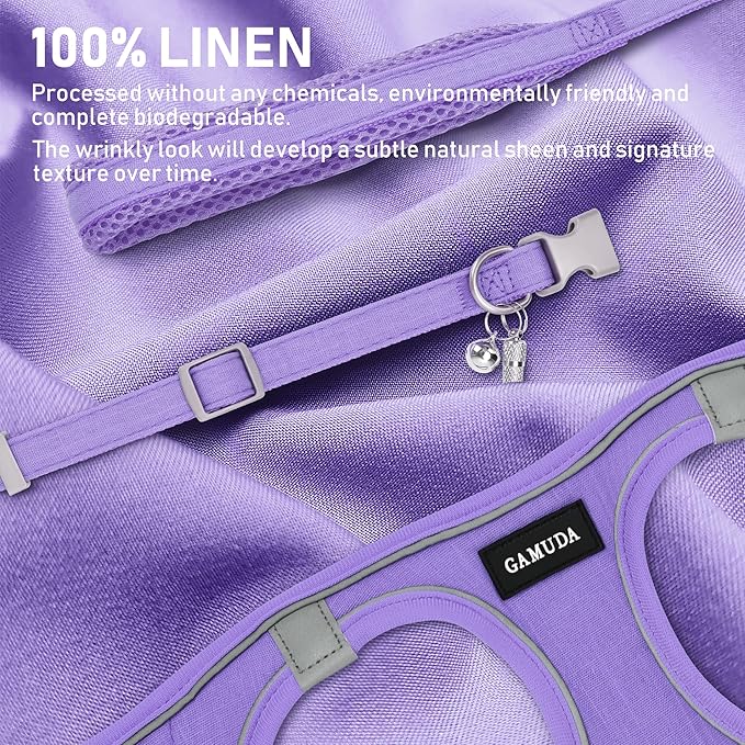 GAMUDA Small Pet Harness Collar and Leash Set, Step in No Chock No Pull Linen Fabric Soft Mesh Dog Vest Harnesses Reflective for Dogs Puppy Cats Kitten Rabbit (Purple, L)