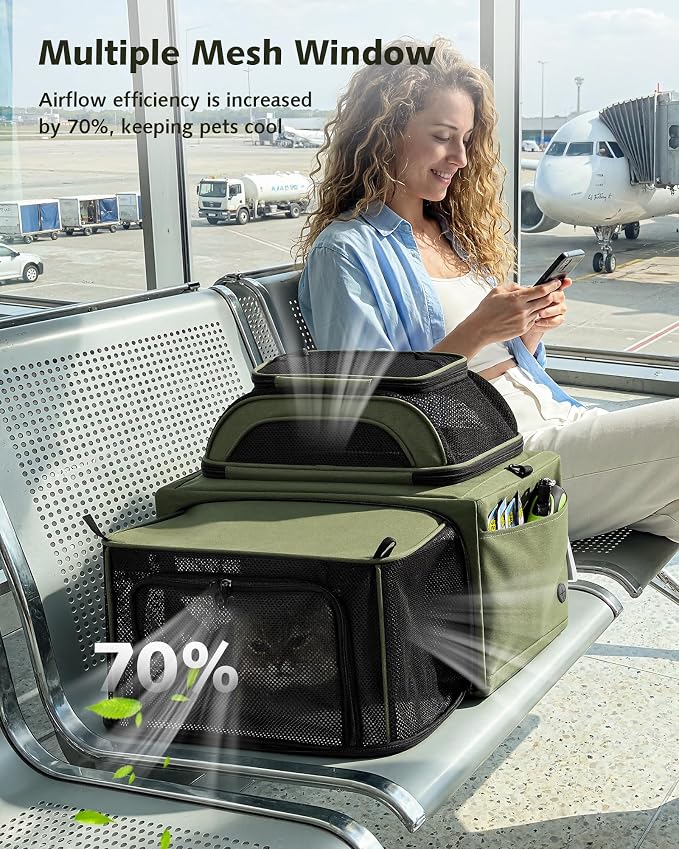 Pecute Top Side Expandable Pet Carrier Airline Approved Dog Cat Carrier, Breathable Soft-Sided with Locking Zippers, Pet Travel Bag for Small Dog Cat Leakproof Pee Pad (Olive Green)