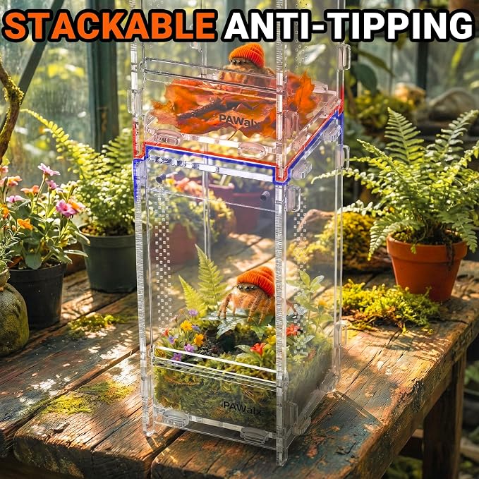 Jumping Spider Enclosure, Acrylic Terrarium with with Magnetic Doors, 0.8mm Micro-Ventilation, Stackable Escape-Proof Habitat for Jumping Spiders (3”x3”x6”x2Pack)