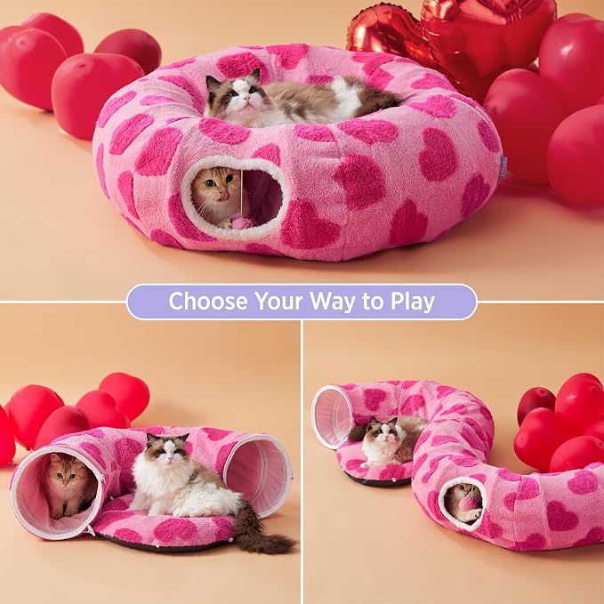 Lesure Donut Cute Jacquard Cat Tunnel Bed Kitten Toys for Puppy Bunny | 33.5x33.5x10in,Round Cat Bed Tube for Indoor Cats Rabbit Dog,Pet Peekaboo Cave Toy,Spiral Hideaway,Washable Cushion