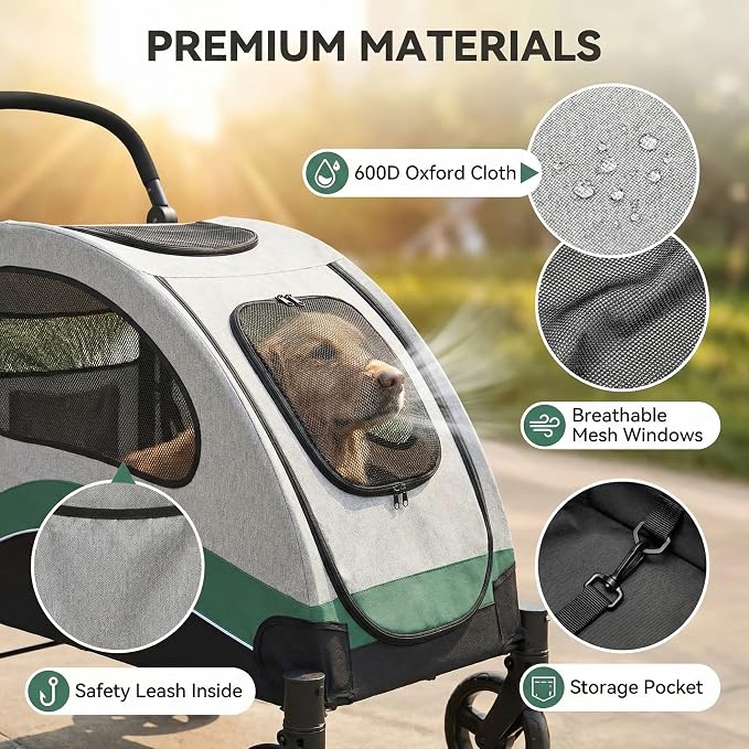 Garvee Extra Large Dog Stroller with Steel Pipe Frame, Wheels, Brakes, Shock Absorption, Foldable Design - Green