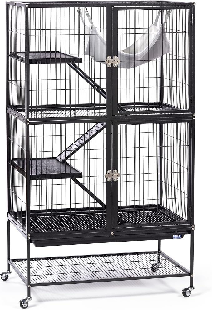 Prevue Pet Products Ferret Stack Two Story Ferret Home - Portable Stand, Escape Proof Lock, Includes Hammock & Ramps, Expandable Two Story Cage Stacking System with Wheels - Black