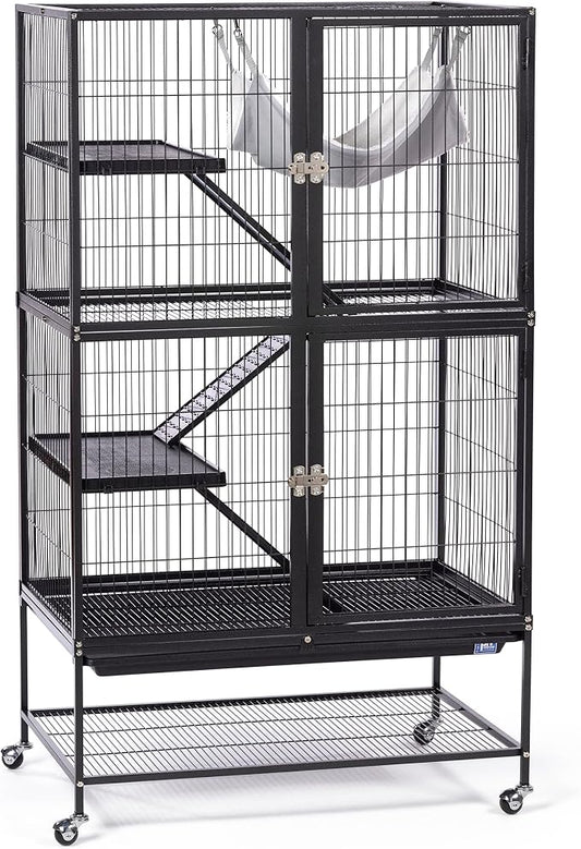 Prevue Pet Products Ferret Stack Two Story Ferret Home - Portable Stand, Escape Proof Lock, Includes Hammock & Ramps, Expandable Two Story Cage Stacking System with Wheels - Black