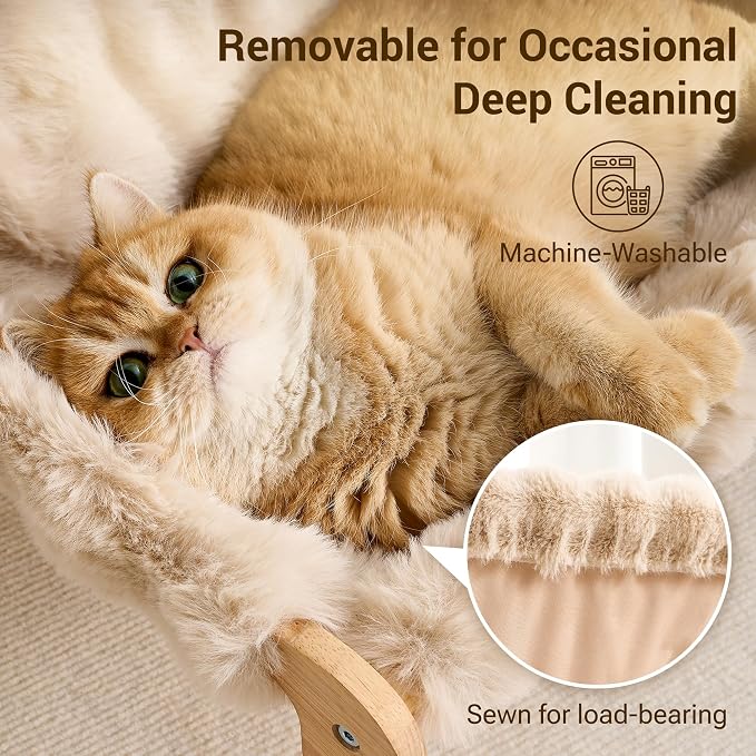 Solid Wood Cat Couch Bed for Indoor Cats, Modern Cat Sofa with Ultra-Soft Plush Surface Washable, Reclined Backrest, Elevated Plush Cat Lounge for Small to Adult Cats, Soft Khaki