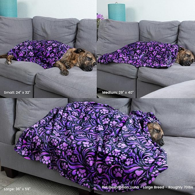 Pet Dog Cat Blanket Ultra Soft Cozy Fleece Paw Print Design Machine Washable Durable for Crates Beds Sofas Travel (Purple Paw Symphony, Medium)