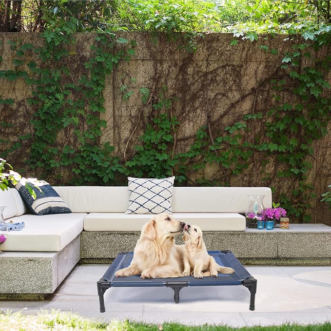 Elevated Dog Bed for Medium Dogs, Dual Support Cooling Cot with Teslin Mesh, Portable Waterproof Pet Bed for Indoor/Outdoor Use, Large, 36x30x7 Inch, Blue