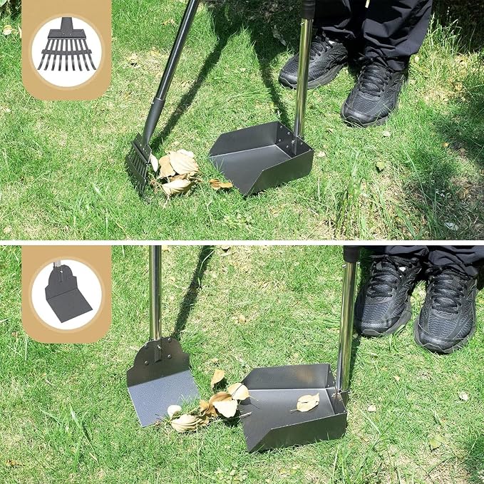 Dog Pooper Scooper Long Handle Adjustable, No Bending (Black) | Heavy Duty Stainless Steel Rake with Tray and Spade Set, Anti Stick, Easy Cleaning, for Grass, Dirt or Gravel