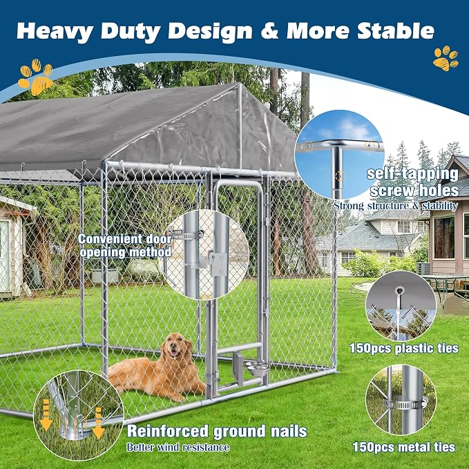 10×10×7 FT Outdoor Dog Kennel Enclosure w/Roof, Rotating Feeder | Large Heavy Duty Dog Run Playpen with 2 Stainless Bowls, Galvanized Pet House with Secure Lock, Waterproof Cover