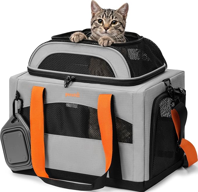 Pecute Top Expandable Cat Carrier Sturdy Pet Bag with 5mm Anti-Collapse Steel Frame, Soft Dog Carrier for Car Travel Vet Visits Outdoor Hammock,Foldable Travel Crate with Leakproof Pee Pad & Bowl,Gray