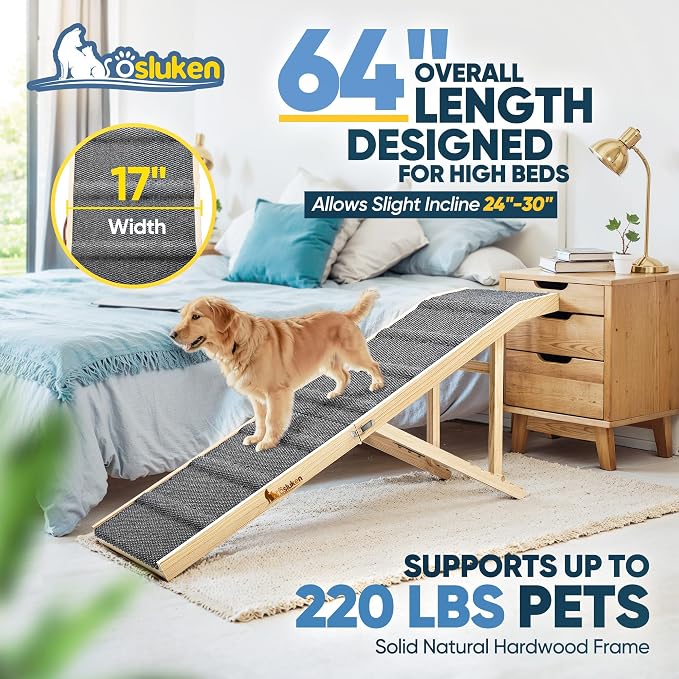 2026 Upgraded Dog Ramp for Bed, 64" Long Foldable Pet Ramp for Small Large Dogs, Dog Ramps for High Beds Car, High Traction with Platform 6 Adjustable Heights 24" to 30" Up to 220LBS, Gray