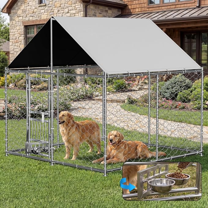 Redlife 7.5x7.5FT Heavy-Duty Outdoor Dog Kennel with Roof | Galvanized Steel Dog Cage, 360° Rotating Feeding Bowls, Double Door Opening, Waterproof Cover, Large Backyard Pet Enclosure