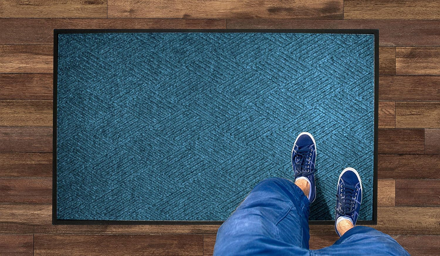 WaterHog Diamond | Commercial-Grade Entrance Mat with Rubber Border – Indoor/Outdoor, Quick Drying, Stain Resistant Door Mat (Medium Blue, 3' x 8')
