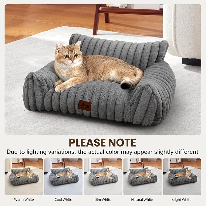 Cat Couch for Pets, Cute Cat Bed with Cozy Soft Faux Rabbit Fur for Kitten, Fuzzy Cats Sofa for Indoor Cats, Supportive Pet Sofa with Removable Washable Cover, Light Gray, 24"