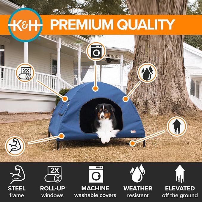 K&H Elevated Dog Bed, Outdoor Pet Cot House for Large Pets - 42x30in Blue | Outdoor Raised Dog Bed House, Enclosed Canopy, Window Flaps for Air Flow, Washable Cover, Raised Metal Frame, Collapsible