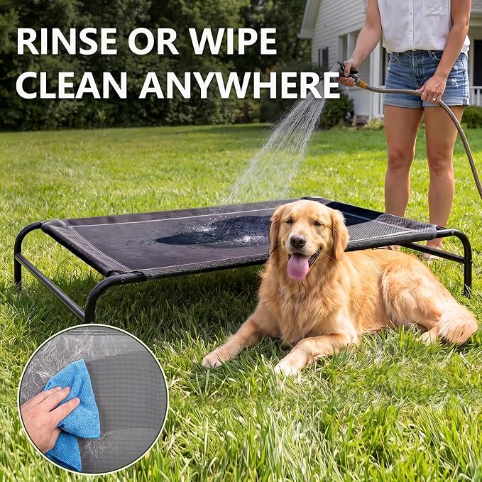 MICOOYO Outdoor Dog Bed, Elevated Dog Bed Raised Dogs Bed with Breathable & Washable Mesh, No-Slip Feet, Easy Clean, Chew Proof, Portable Dog Cot for Indoor & Outdoor Use, 47" x 31" x 9", Black