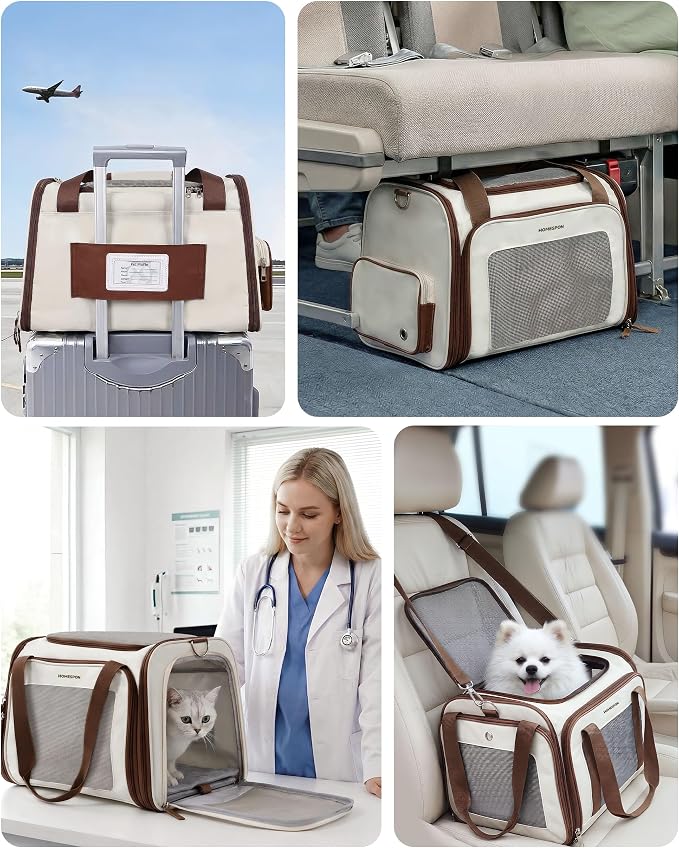 Homespon Soft-Sided Cat Carrier Dog Carrier, 34.5L Airline Approved Pet Carrier, Collapsible Travel Bag with Removable Bed for Small Dogs & Cats (Brown)