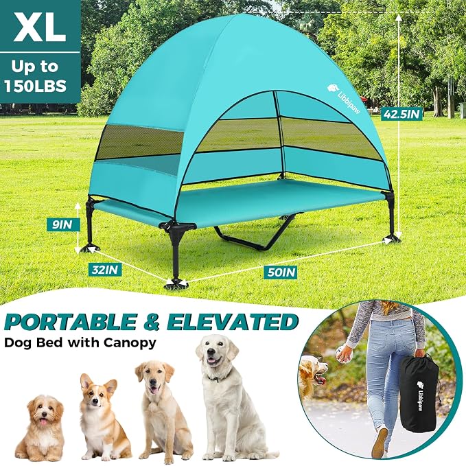 Outdoor Elevated Dog Bed with Canopy for Large Dogs, Blue, XL | Breathable Raised Cot with Shade, Tool-Free Setup for Patios, Backyards and Camping
