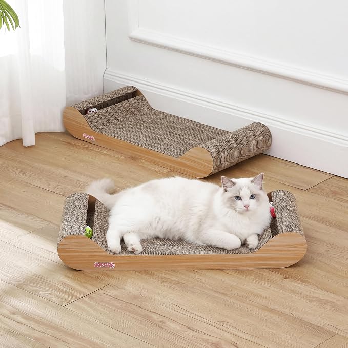 Rini 23.75" Modern Cardboard Cat Scratcher Lounge Bed with Built-in Bell Toys and Catnip, Ergonomic Curved Sofa Design, Oak Wood Finish, Set of 2 CSR1003C-SET2