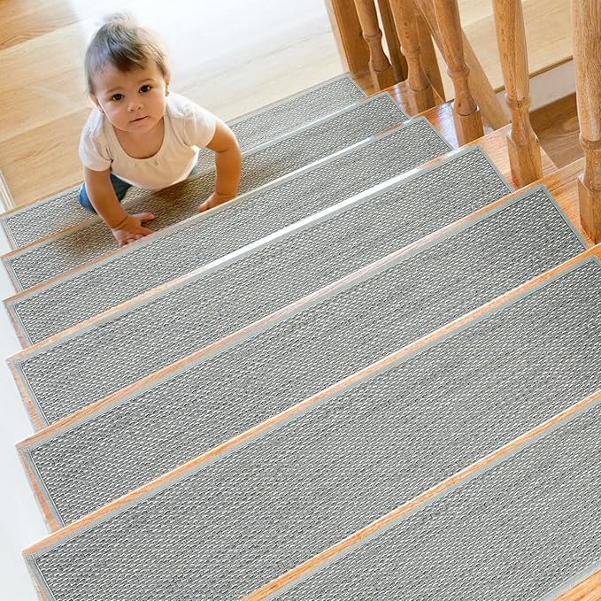 Stair Treads Non Slip for Wooden Steps Indoor 15 Pack 8" X 30" Carpet Stairs Runner for Wood Stairs, Stair Tread Rugs with Reusable Adhesive for Dogs Kids Elders, Machine Washable, Light Grey