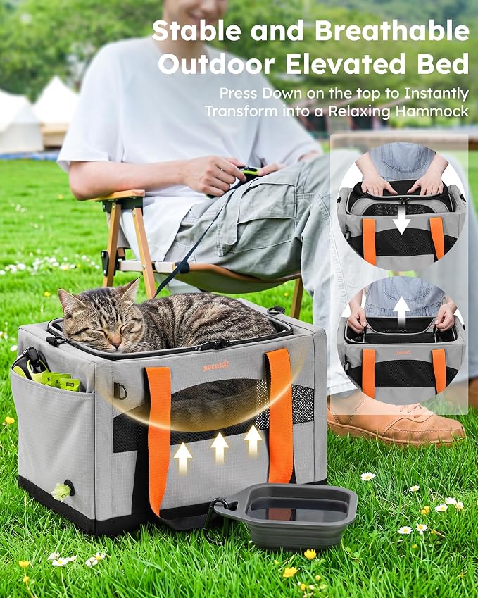 Pecute Top Expandable Cat Carrier Sturdy Pet Bag with 5mm Anti-Collapse Steel Frame, Soft Dog Carrier for Car Travel Vet Visits Outdoor Hammock,Foldable Travel Crate with Leakproof Pee Pad & Bowl,Gray