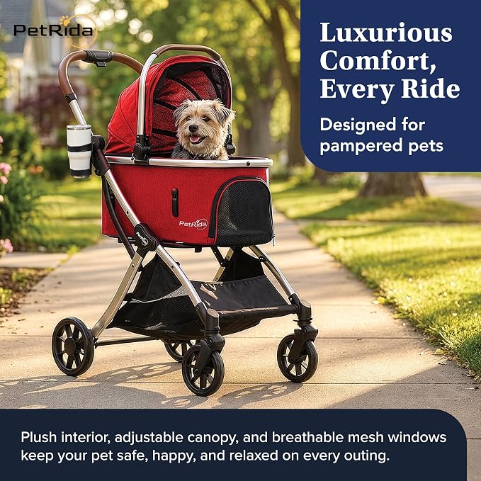 Luxury Pet Stroller with Detachable Carrier | Lightweight Design with Easy One-Hand Fold & Spacious Storage Basket | Safe & Comfortable Travel for a Small to Medium Dog or Cat, Red