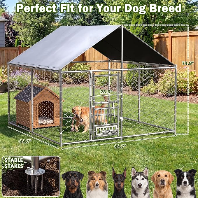 7.5 x 7.5ft Large Outdoor Dog Kennel with Rotating Feeder, HeavyDuty Dog Runs with Roof, Pet Playpen with Double Doors&Secure Lock, with Galvanized Chain Link for Dogs,Chickens,Ducks