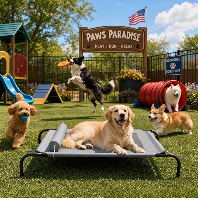 Outdoor Dogs Bed Elevated Dog Bed Large Cooling Raised Pet Cot Grey | Portable Raised Camping Dog Cot , Adjustable Headrest , Breathable Teslin Mesh,Indoor Pet Bed,42"x23.6"x6.3",Washable