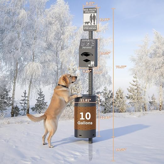 Dog Waste Station Outdoor, Pet Waste Disposal Station Rustproof Aluminum with 10 Gallon Trash Can, 600 Dog Poop Bags & 50 Liners for Parks, Trails, HOA Communities (Black)