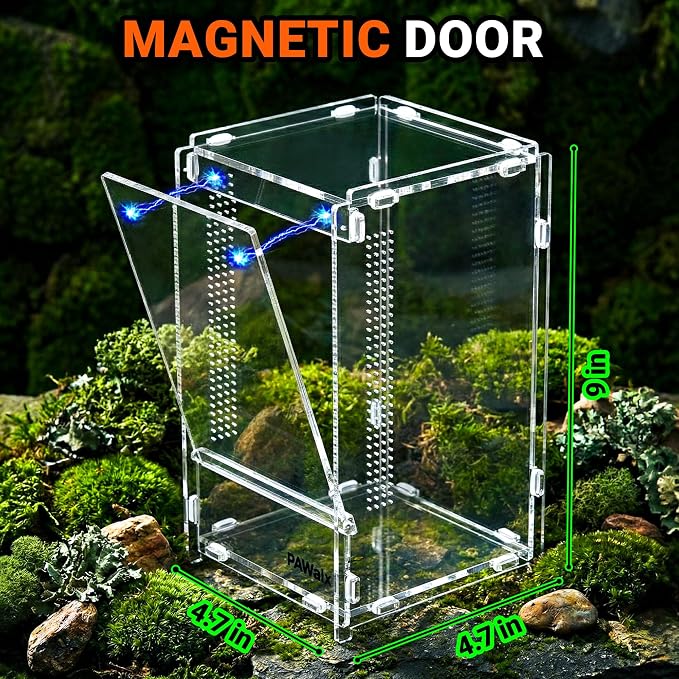 Jumping Spider Enclosure, Acrylic Terrarium with with Magnetic Doors, 0.8mm Micro-Ventilation, Stackable Escape-Proof Habitat for Jumping Spiders, Tarantulas & Small Reptiles, 4.7"x4.7"x8"