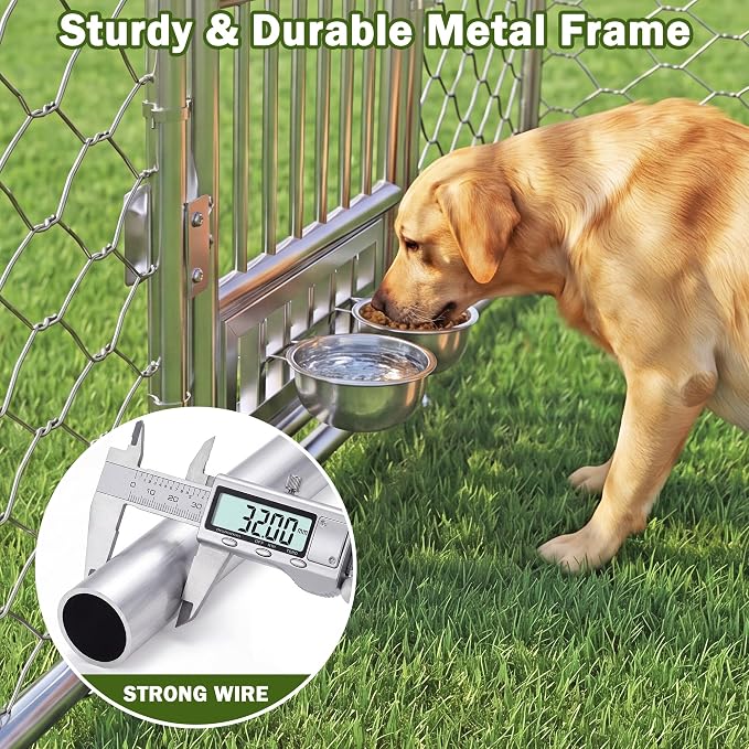 7.5 x 7.5ft Large Outdoor Dog Kennel with Rotating Feeder, HeavyDuty Dog Runs with Roof, Pet Playpen with Double Doors&Secure Lock, with Galvanized Chain Link for Dogs,Chickens,Ducks