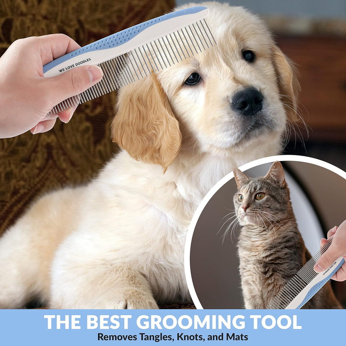 We Love Doodles Large Metal Dog Grooming Comb & Dog Detangler Spray - Removes Tangles & Matts, Dematting Pet Combs, Detangler For Matted Hair, Dog Detangling Spray, Dematting Spray & Tangle Remover