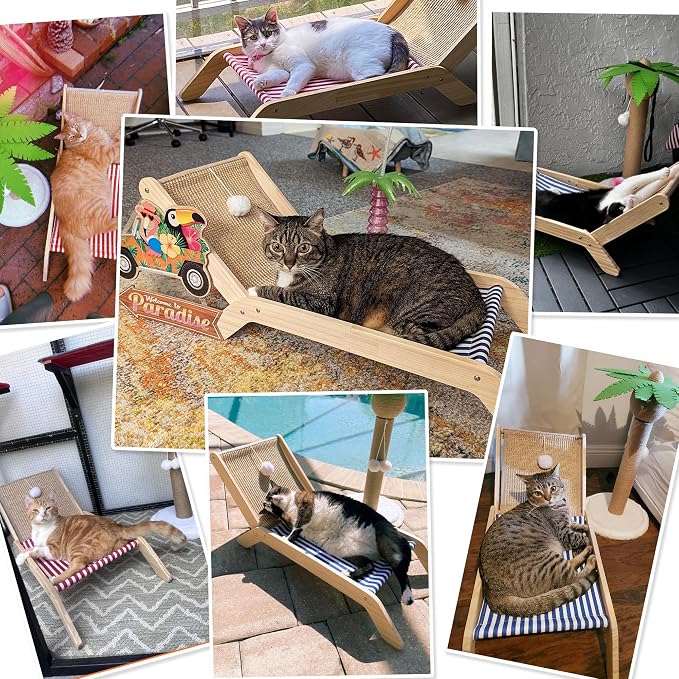 PETKARAY Beach Chair Cat Hammock, Elevated Cat Beds for Indoor Cats, Original Cozy Lounger with Sisal Scratcher and Toy Ball