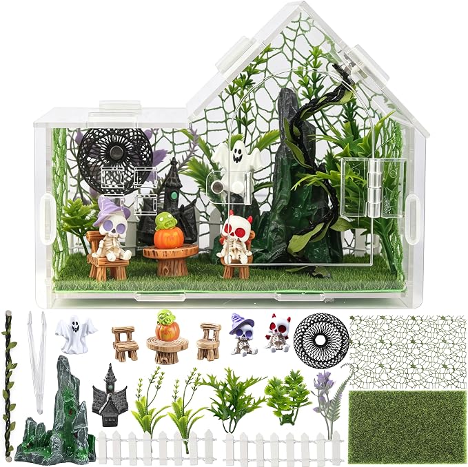 Acrylic Jumping Spider Enclosure Kit 23PCS with Decor | Gothic ornaments, plants, clear view, for mantis & tarantula