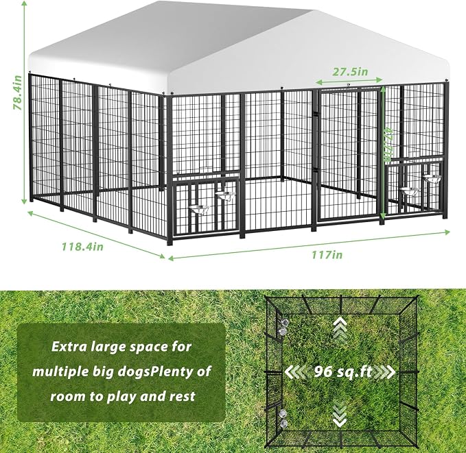 LOVMOR 10' x 10' Outdoor Dog Kennel with Roof for Large Dogs | Heavy duty steel frame, waterproof canopy, double latch door, adjustable feeding bowls for yards and patios