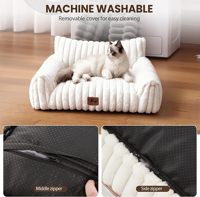 Cat Couch for Pets, Cute Cat Bed with Cozy Soft Faux Rabbit Fur for Kitten, Fuzzy Cats Sofa for Indoor Cats, Supportive Pet Sofa with Removable Washable Cover, Cream, 24"