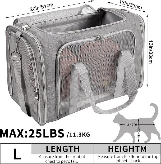Soft-Sided Cat/Dog/Pet Carrier, Collapsible Pets Travel Carriers for Big Cats/Small Dogs with Shoulder Strap & Removable Mat, Mesh Puppy Carry Bag, Up to 25 Lbs(Gray)