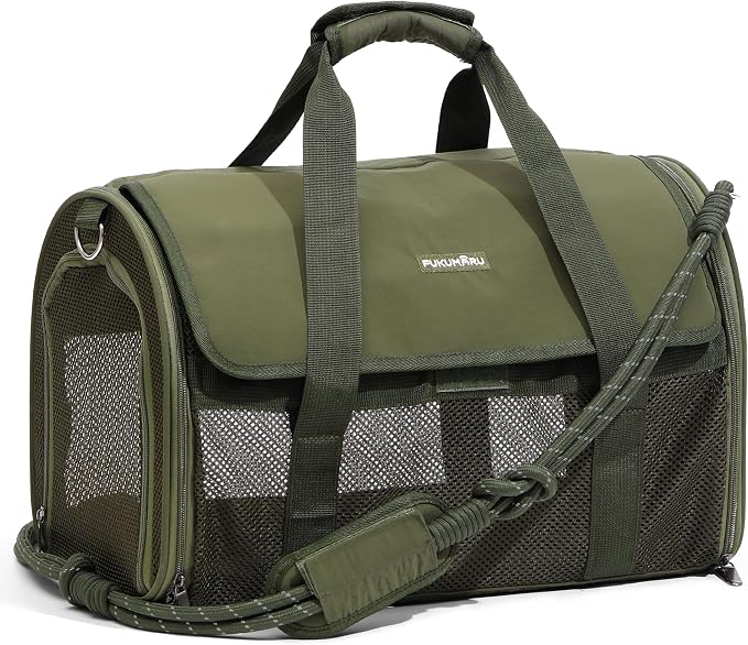 FUKUMARU Cat Carrier, Light & Airy Pet Carrier, 18x11x11 Airline Approved Dog Carrier for Small Dogs, 2-in-1 Shoulder Strap Leash, Collapsible Soft Cat Travel Carrier with Anti-Scratch Mesh, Green