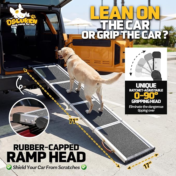 71" Aluminum Alloy Dog Ramp for Car SUV Truck Side Door, Foldable Outdoor Pet Ramp with Adjustable Support Head, Non-Slip Traction Surface, Sturdy Ramp for Large Dogs Up to 150 LBS (5 Folded)