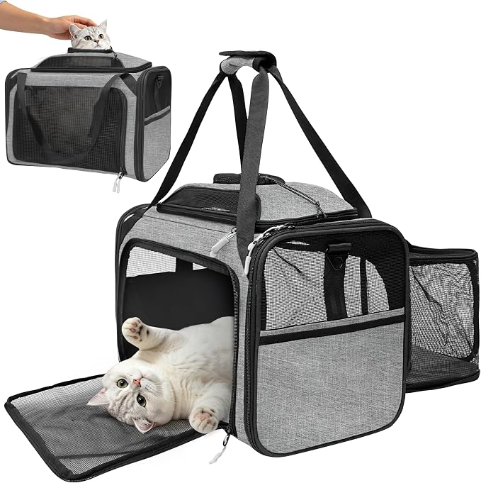 Expandable Cat Carrier Bag,Airline Approved Expandable Soft-Sided Pet Carrier(16"x 11"x 11") with Removable Pad,for Cats 12lbs,(Grey Black).
