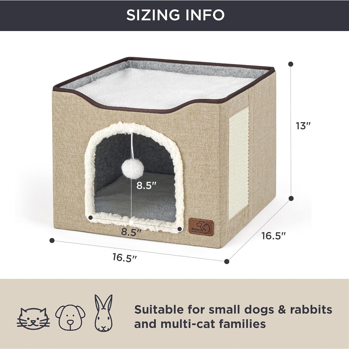 Bedsure Cat Beds for Indoor Cats - Large Cat Cave for Pet Cat House with Fluffy Ball Hanging and Scratch Pad, Foldable Cat Hideaway, 16.5x16.5x13 inches, Brown