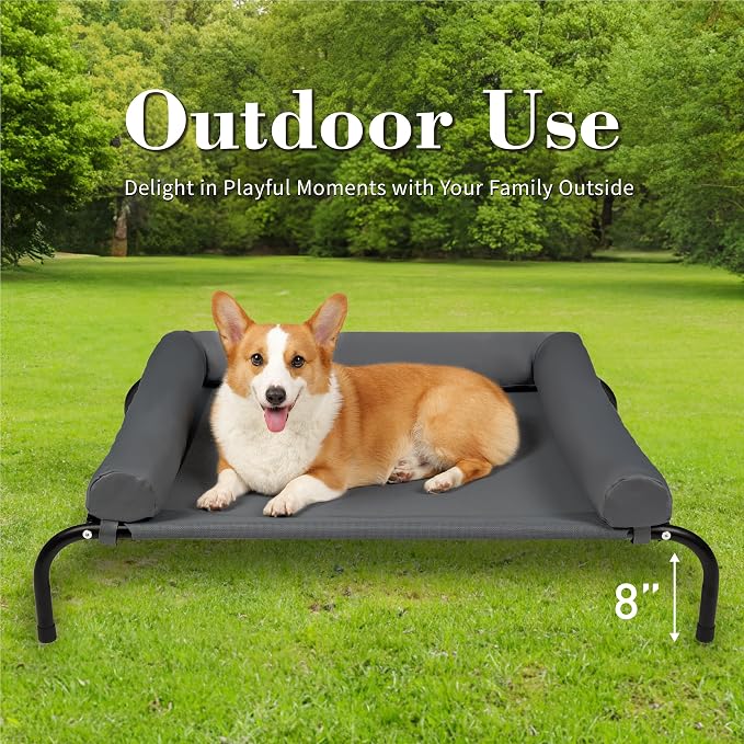 Cooling Elevated Dog Bed with Pillows,Portable Washable Raised Dog Cot Bed with Chew Proof Mesh and Metal Frame,No-Slip Rubber Feet for Indoor & Outdoor Use,Medium,Deep Grey