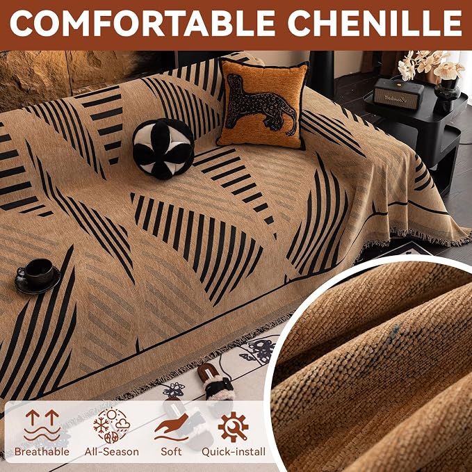 VClife Boho Couch Cover Washable Sectional Sofa Cover, Pet Couch Cover for Loveseat Versatile Coffee Black Geometry Sofa Throw Cover for L-Shape Sofa - Anti Slip Couch Sofa Cover for Dog 71"x118"
