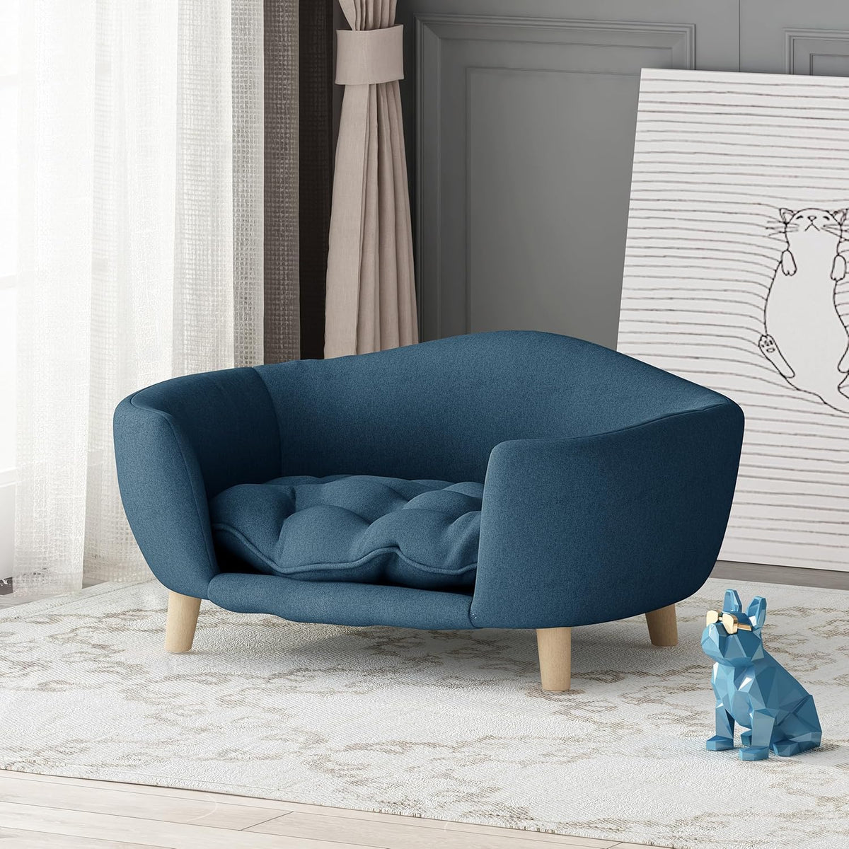 Christopher Knight Home Elroy Orthopedic Dog Bed, Elevated Dog Sofa Bed for Small Dog, Supportive Foam Pet Couch Bed with Wooden Legs, Modern Pet Sofa Bed, Navy Blue