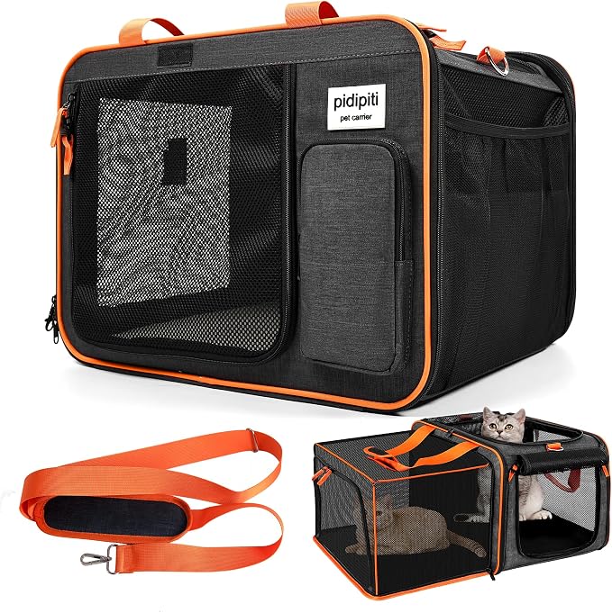 pidipiti 20 x 14 x 14 inches Expandable pet Carrier for 1 Large cat Under 25 lbs,2 Medium Cats 20 lbs+,cat Crate/Bag for Short Trip/Long Distance car Travel