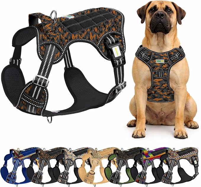 Homapet. Tactical Dog Harness with Dual Leash Attachment Points, Adjustable and Reflective Military Grade Dog Vest with Comfort Control Handle (ORNG BLK CAMO-XL)